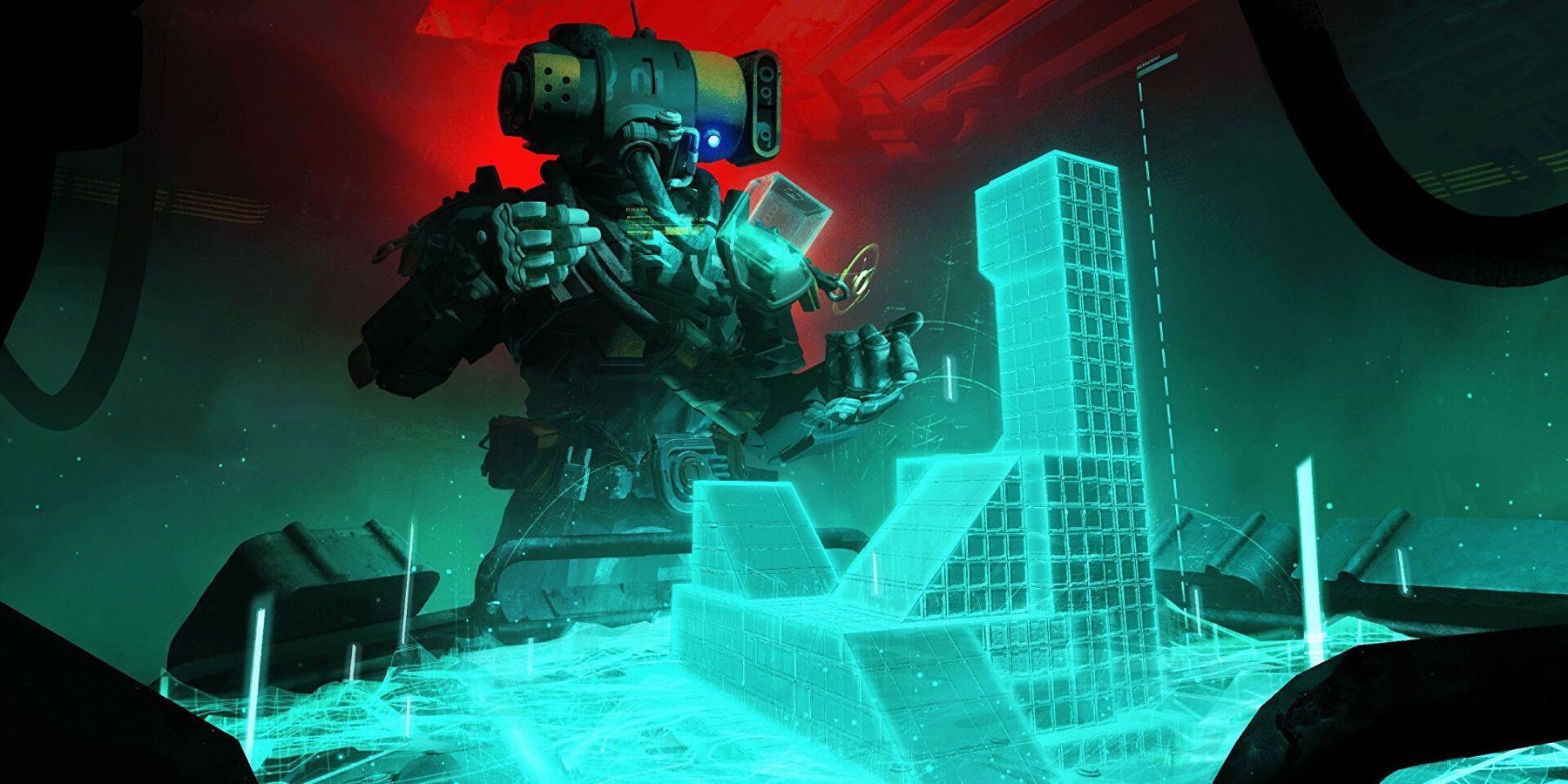 Image of a Meet Your Maker character designing a level in-game, standing in front of a holographic projection of a structure being built.