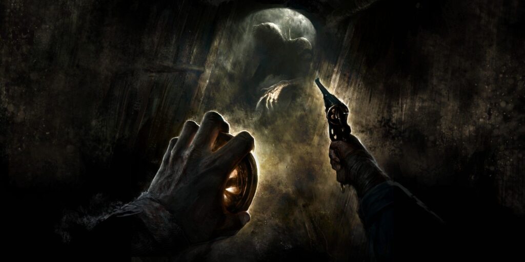 Amnesia The Bunker Key Art showing a first-person protagonist pointing a gun at a shadowy figure.