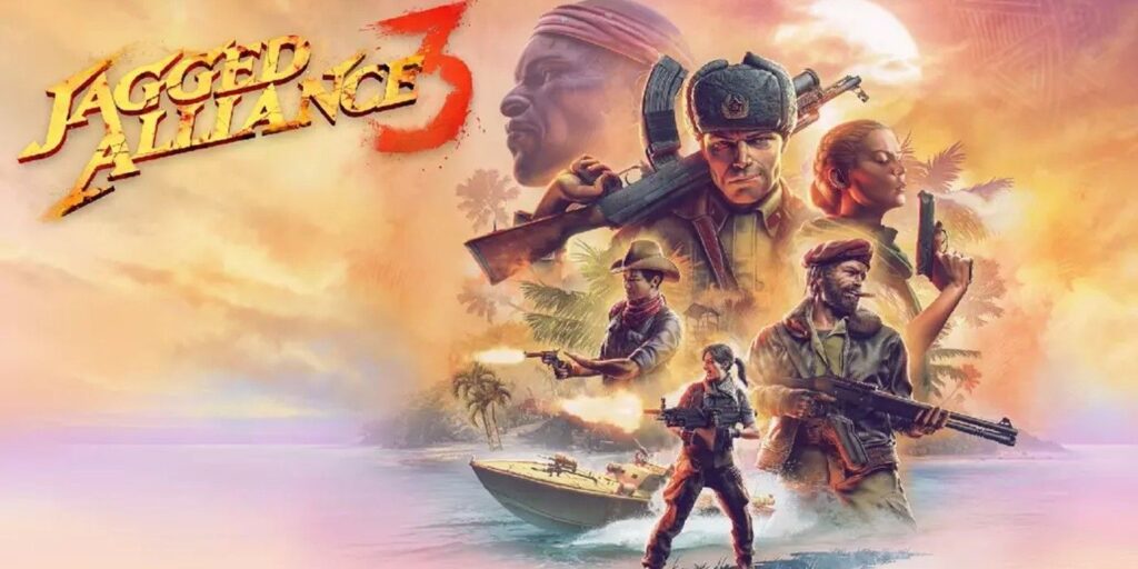 Jagged Alliance 3 Key Art showing the title and several fighters holding weapons with a tropical sunset backdrop.