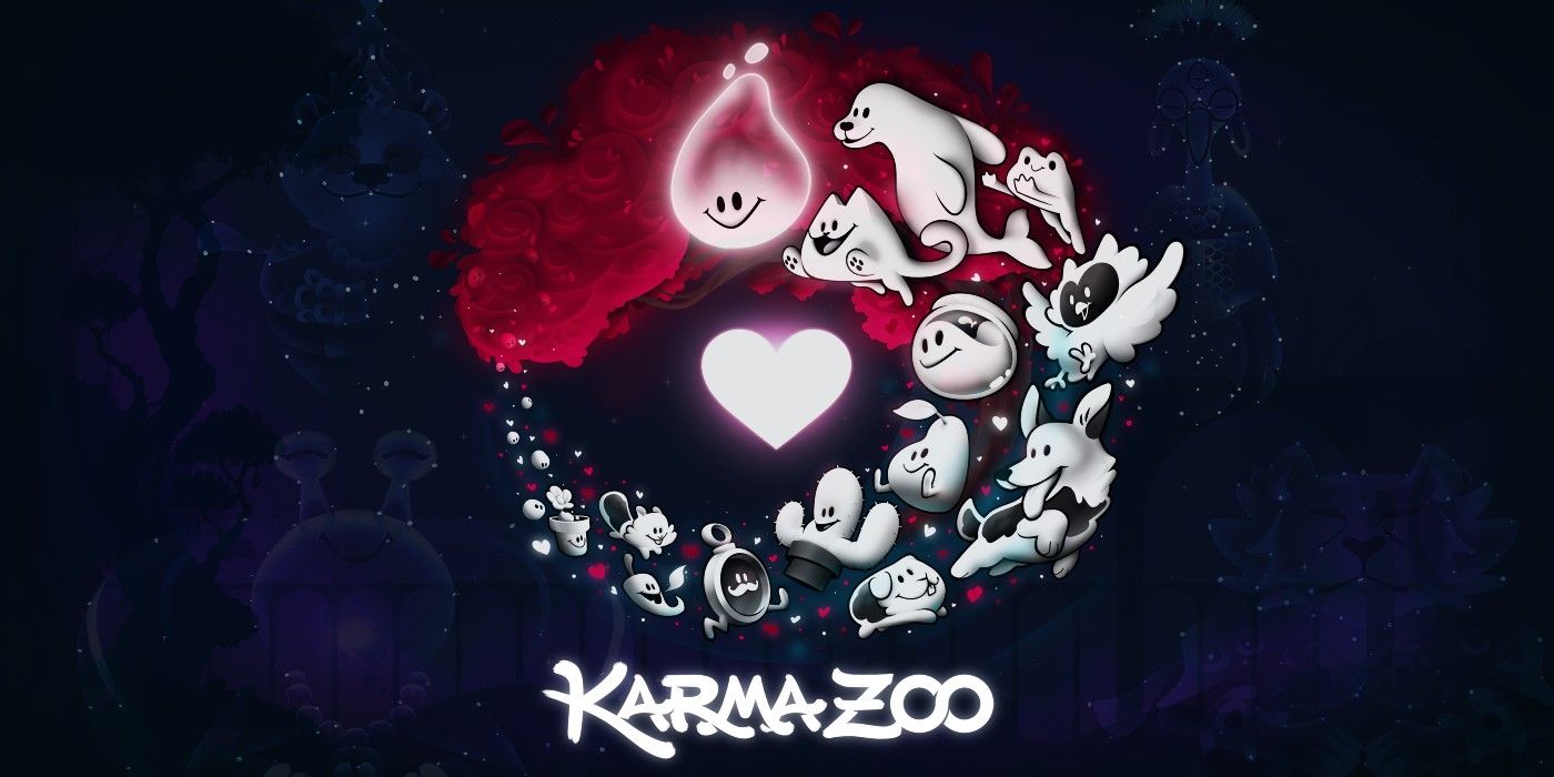 KarmaZoo Key Art showing the title and a bunch of different creatures swirling around one big heart.