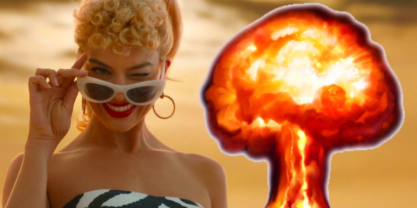 Margot Robbie as Barbie looking at a mushroom cloud in custom image