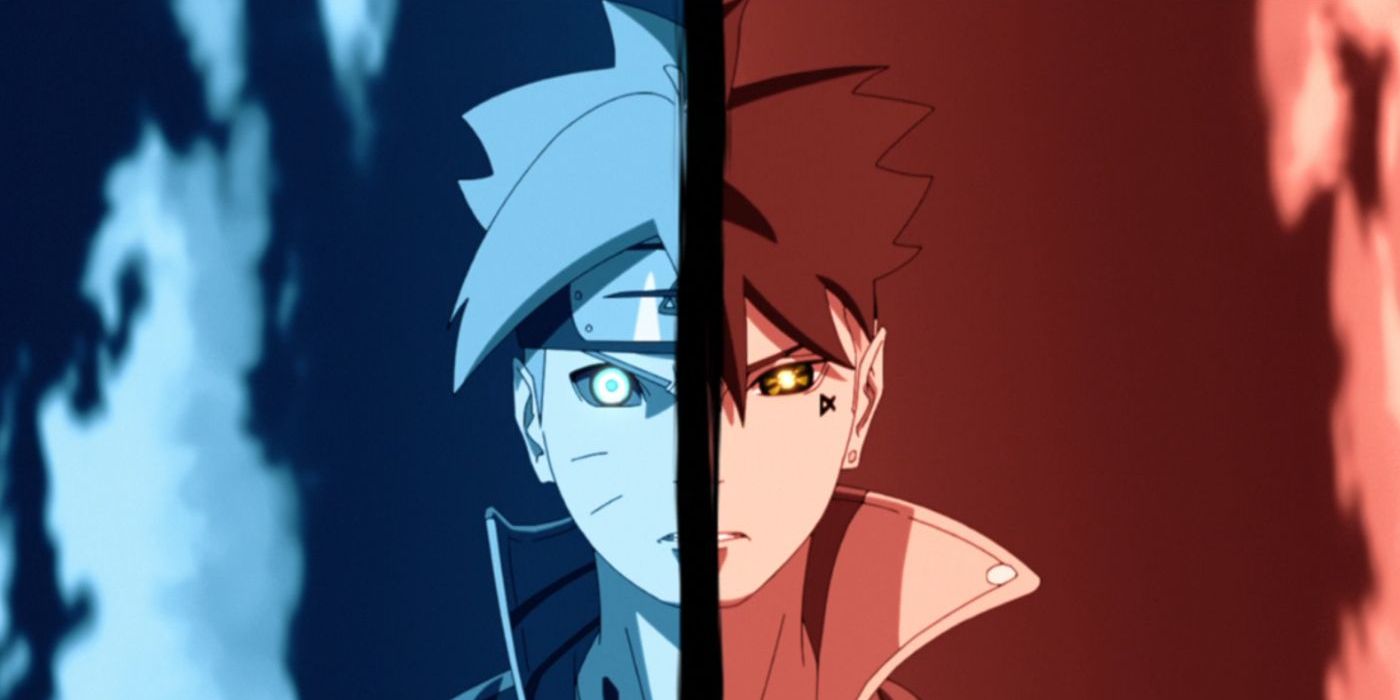 Image of Boruto and Kawaki's faces placed side by side to each other. Boruto's side being blue with his glowing eye and scratched Ninja headband. Kawaki's side with red and his glowing yellow eye.