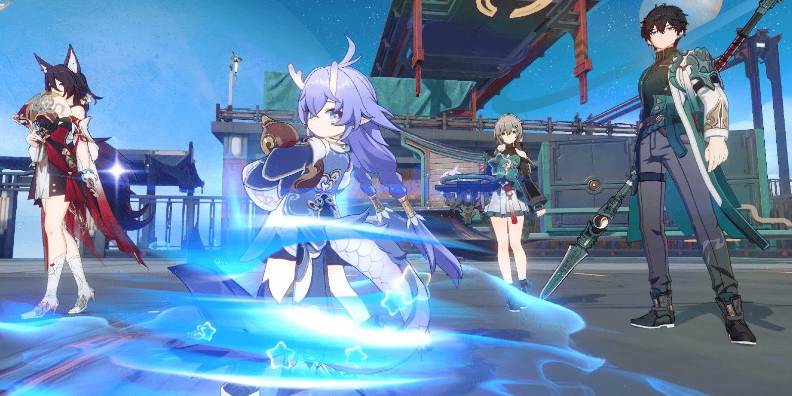Four Honkai Star Rail characters stare at the camera with their weapons.