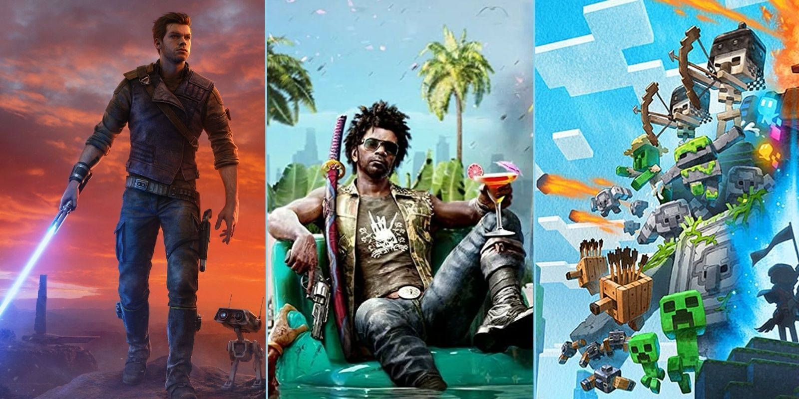 April 2023 Video Game Releases, featuring the Star Wars Jedi: Survivor, Dead Island 2, and Minecraft Legends covers