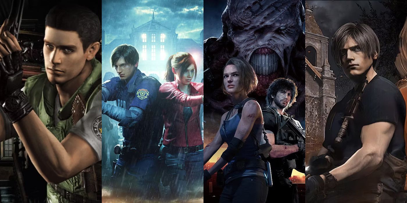 A split image of every Resident Evil remake up to Resident Evil 4, ordered in ascending order from left to right, showing Chris from Resident Evil, Leon and Claire from Resident Evil 2, Jill and Carlos from Resident Evil 3, and Leon from Resident Evil 4.