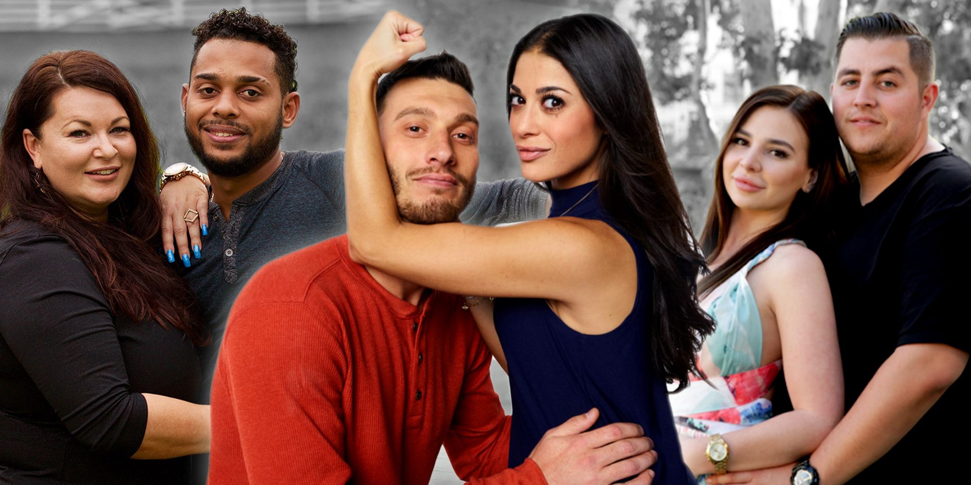 Three couples embrace for the camera in different seasons of 90 Day Fiancé