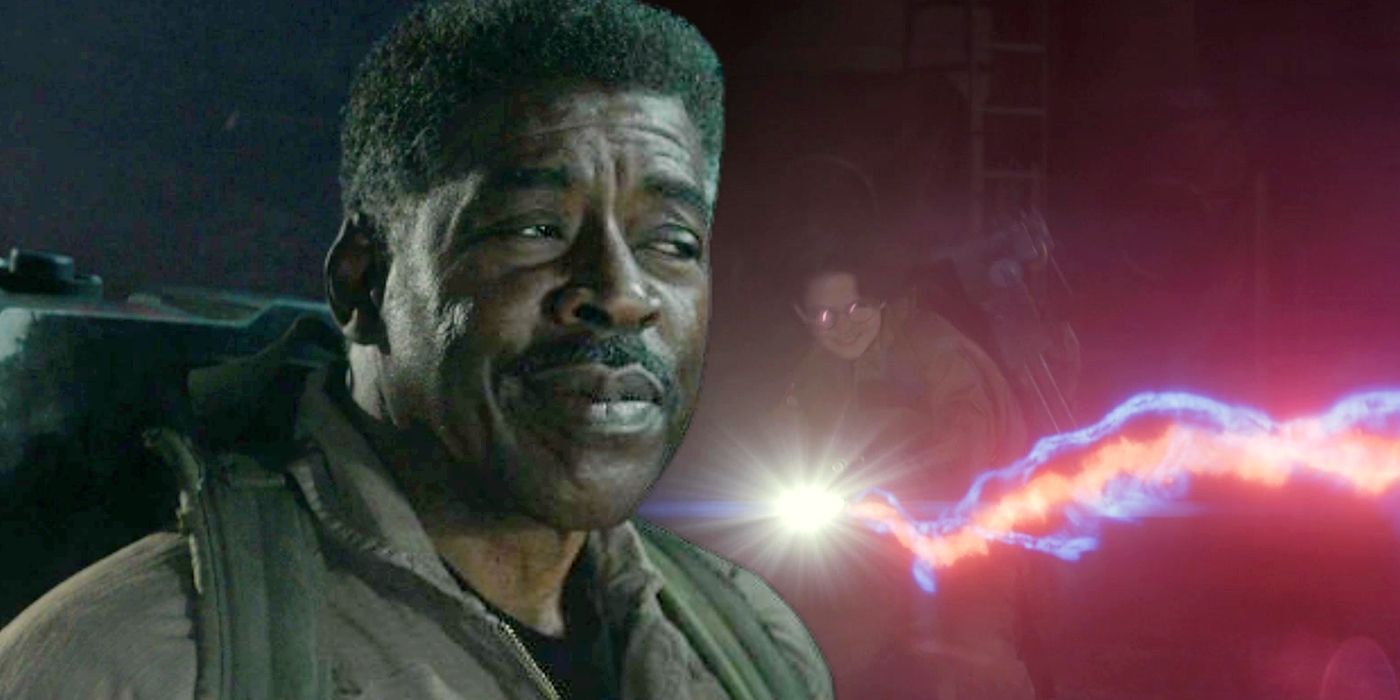 Ernie Hudson as Winston juxtaposed with Mckenna Grace as Phoebe shooting a proton pack in Ghostbusters Afterlife.