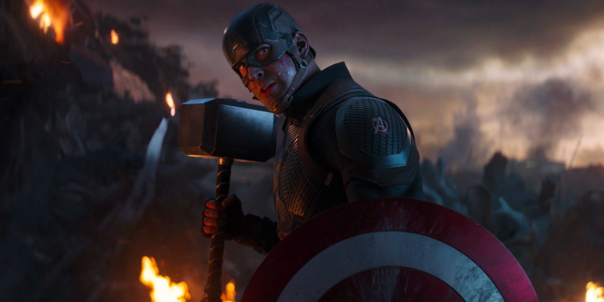 Chris Evans as Captain America in Avengers Endgame with Mjolnir