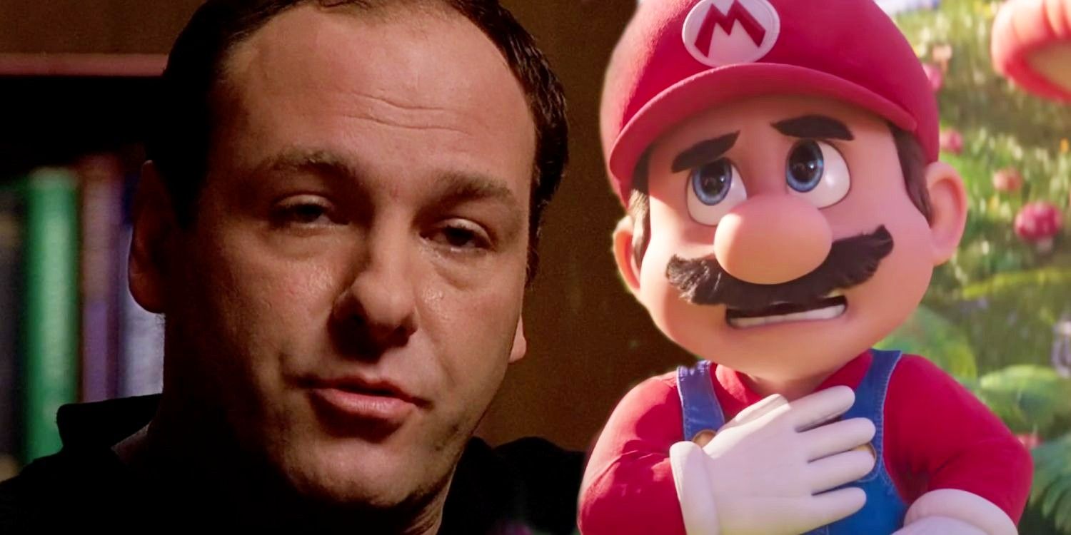 Blended image of Tony Soprano and Mario holding his chest in The Super Mario Bros Movie