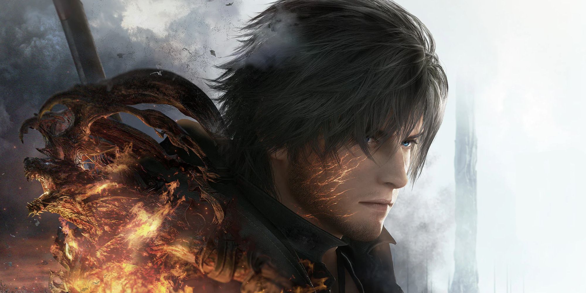 A zoomed portion of Final Fantasy 16's cover art, showing a close-up on protagonist Clive's face next to Ifrit.