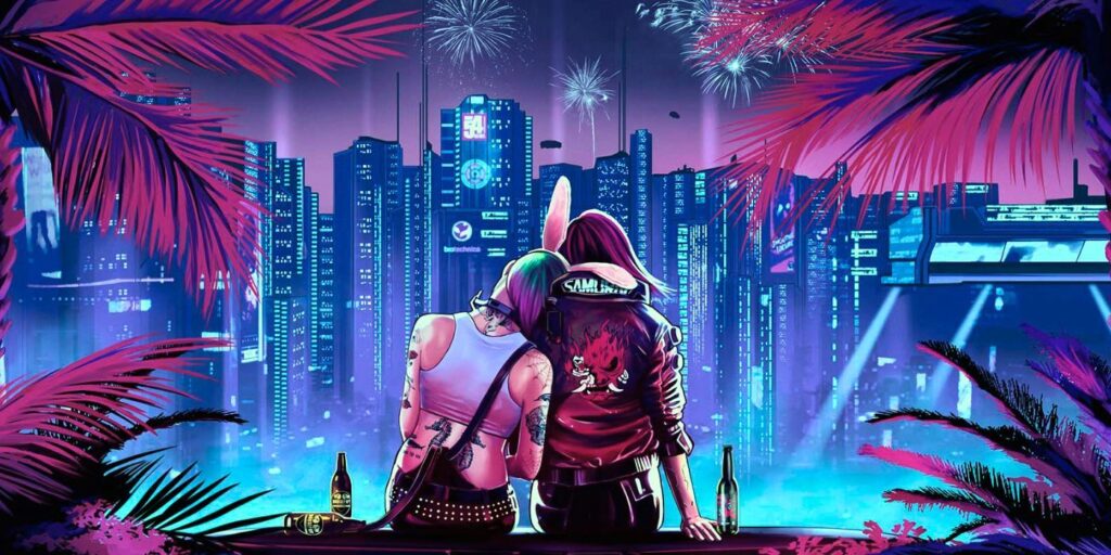 An illustration of Judy and V from Cyberpunk 2077 looking out onto Night City and watching fireworks explode above the skyline.