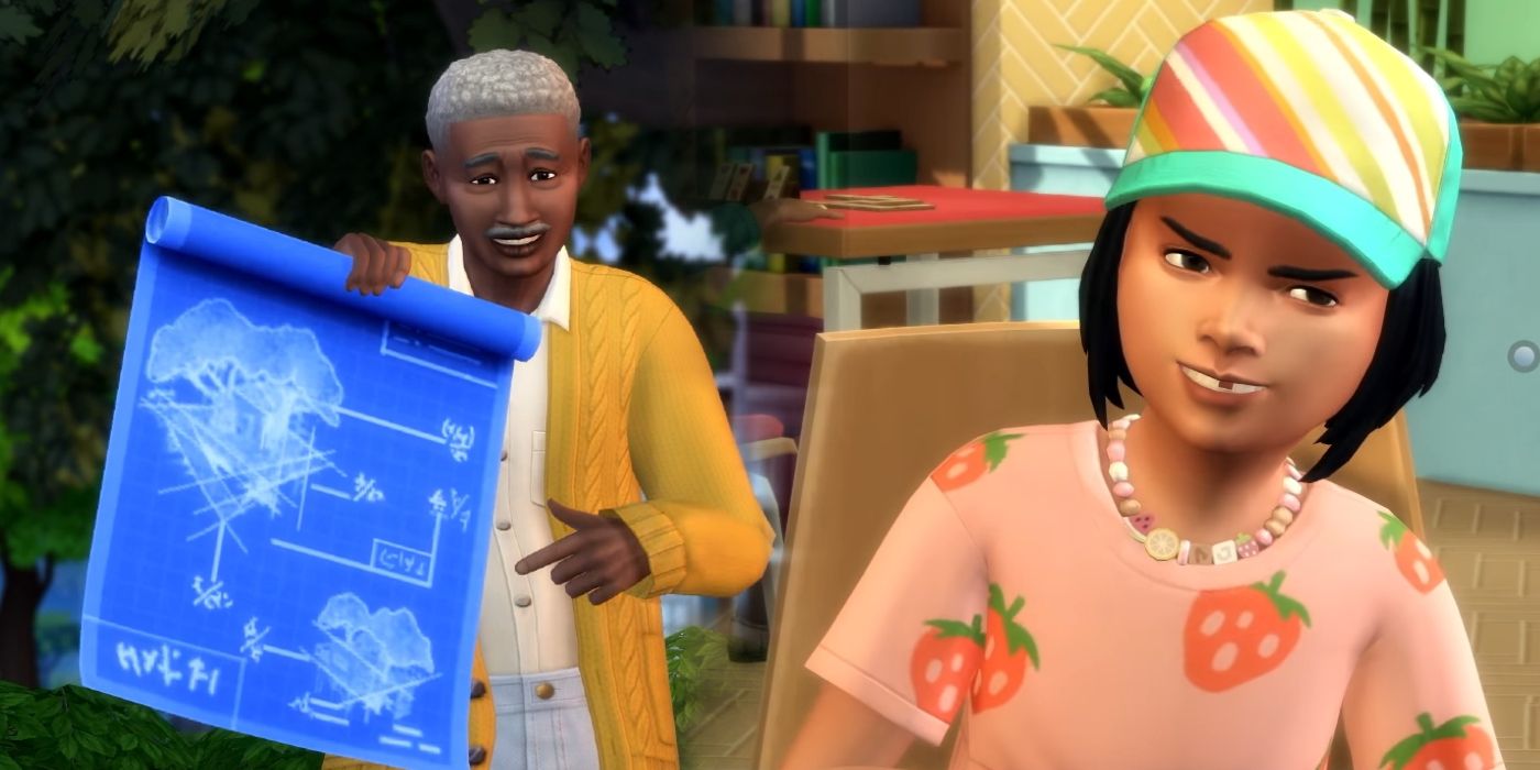 An elderly man holding a blueprint on the left and a young girl in a strawberry shirt looking angry in the Sims 4.