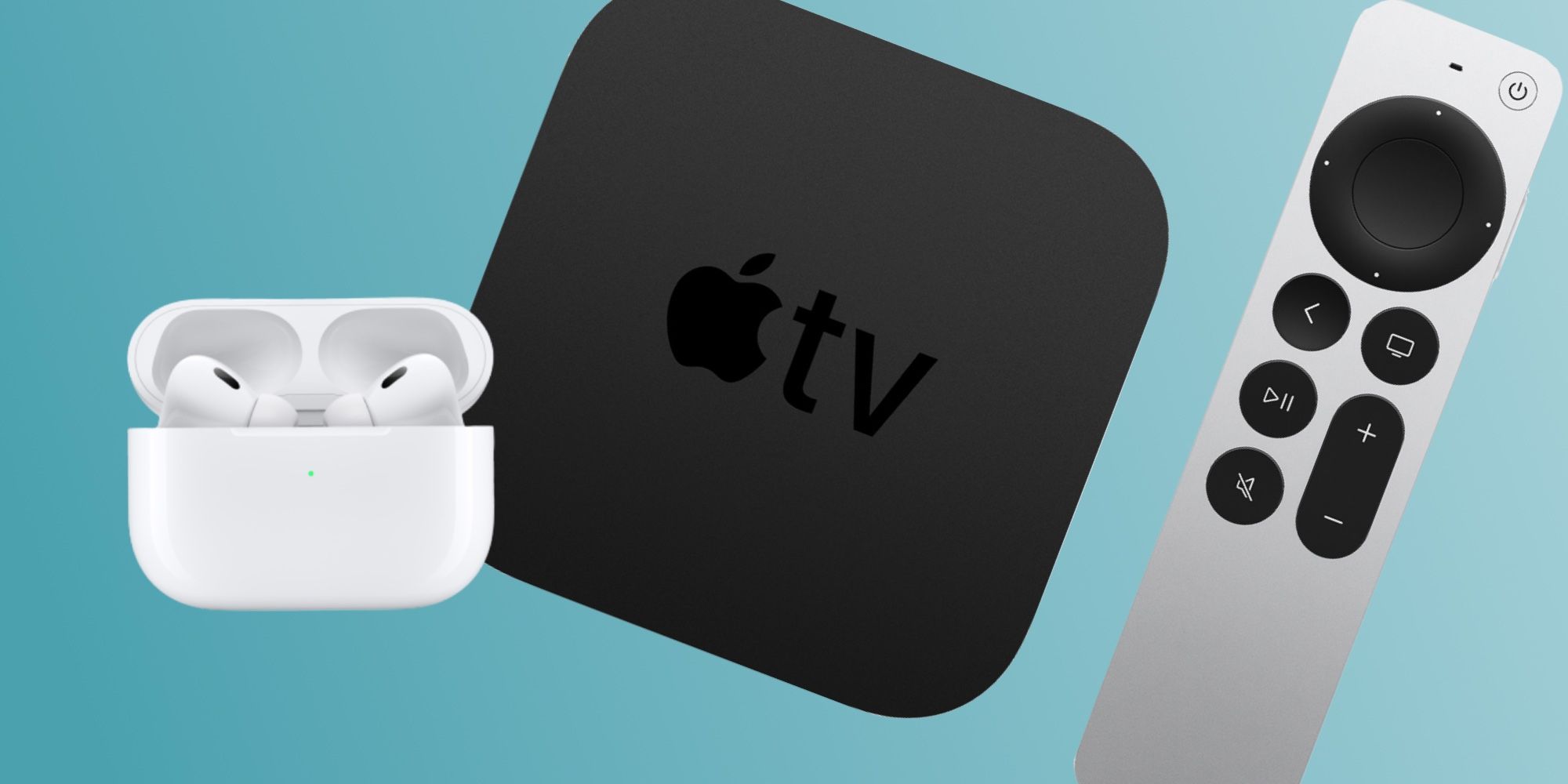 AirPods Pro next to Apple TV 4K and remote