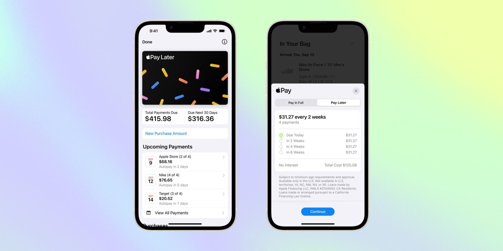 two images of the Apple Pay Later service on an iPhone's screen on a gradient background