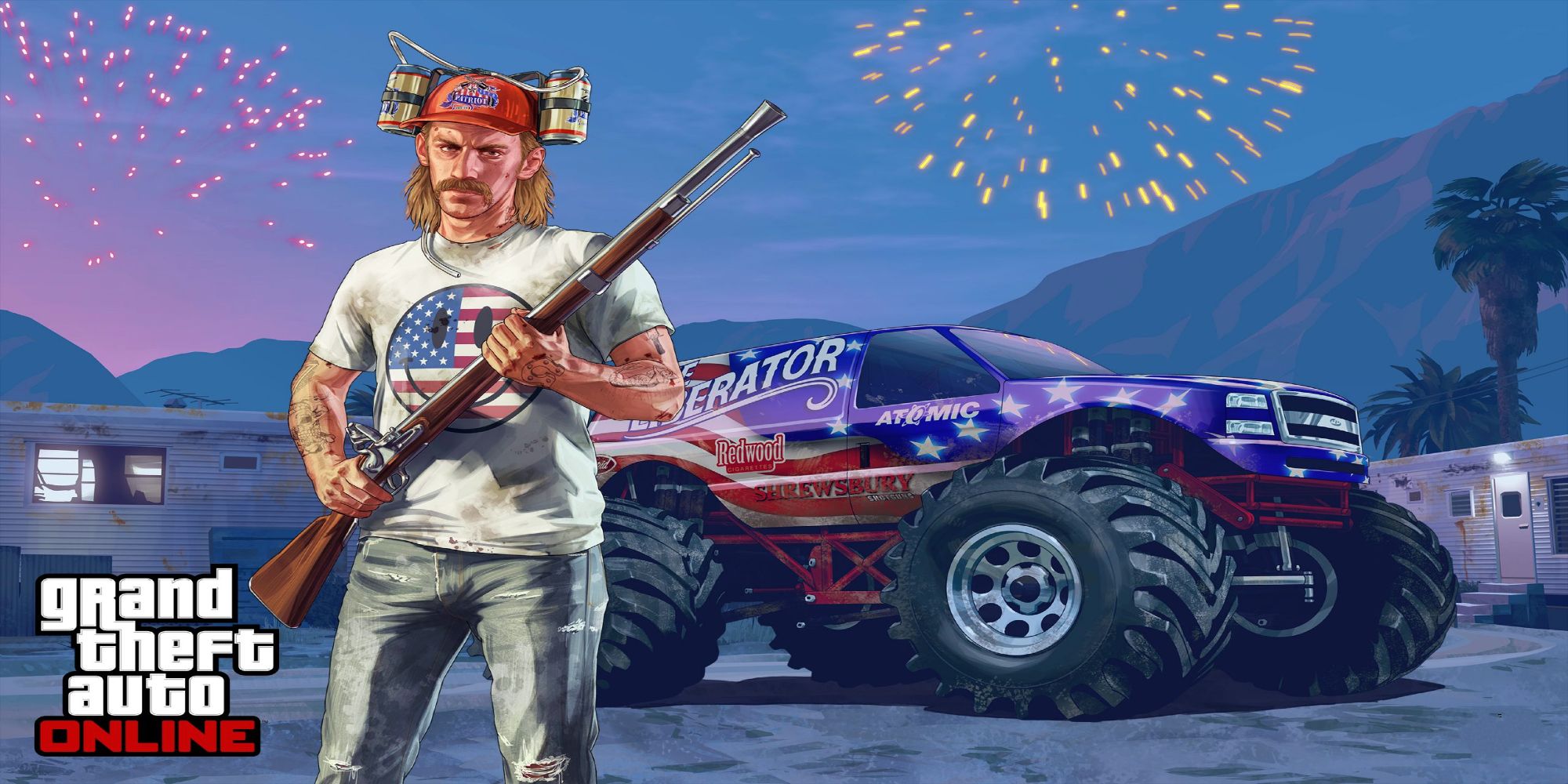 Grand Theft Auto Online Player Character Standing Near Monster Truck Holding Musket Independence Day Special Official Art