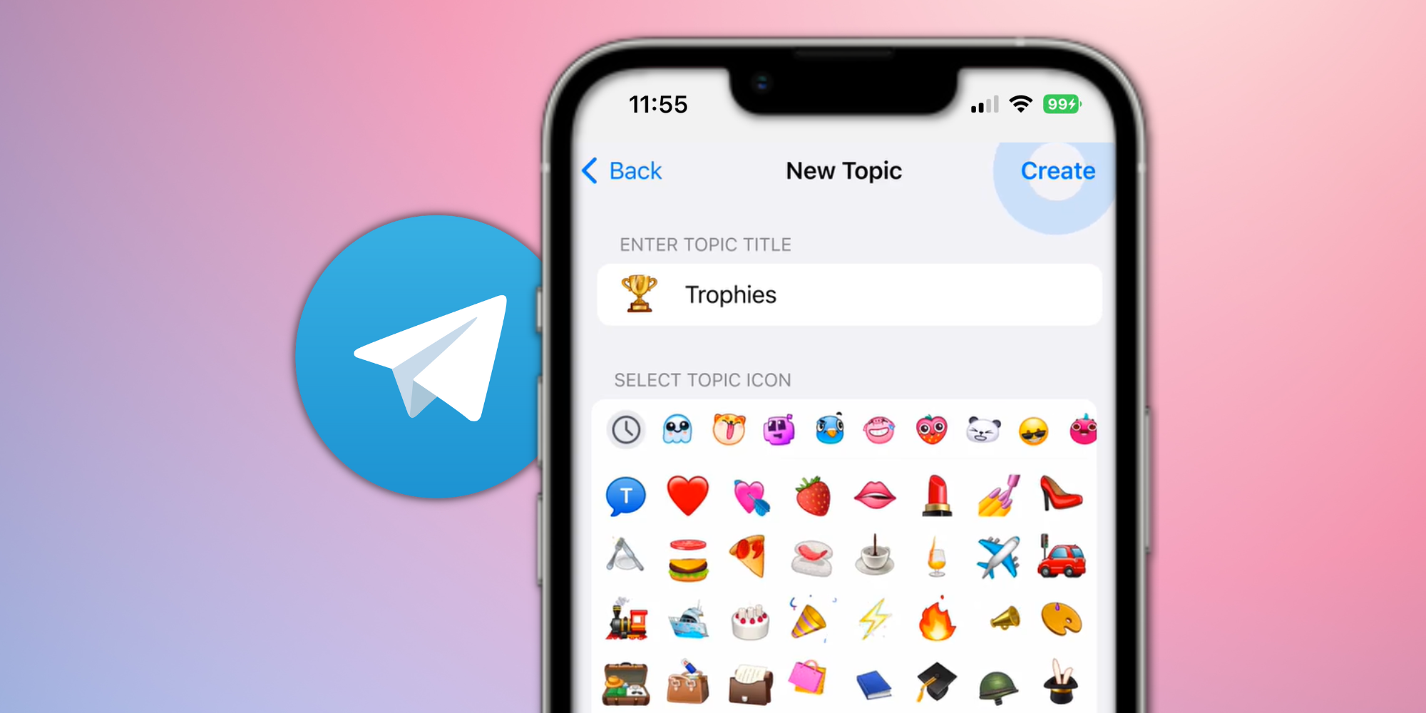 Screenshot of Telegram Topics for Group feature, with Telegram's logo, on a blue-pink background