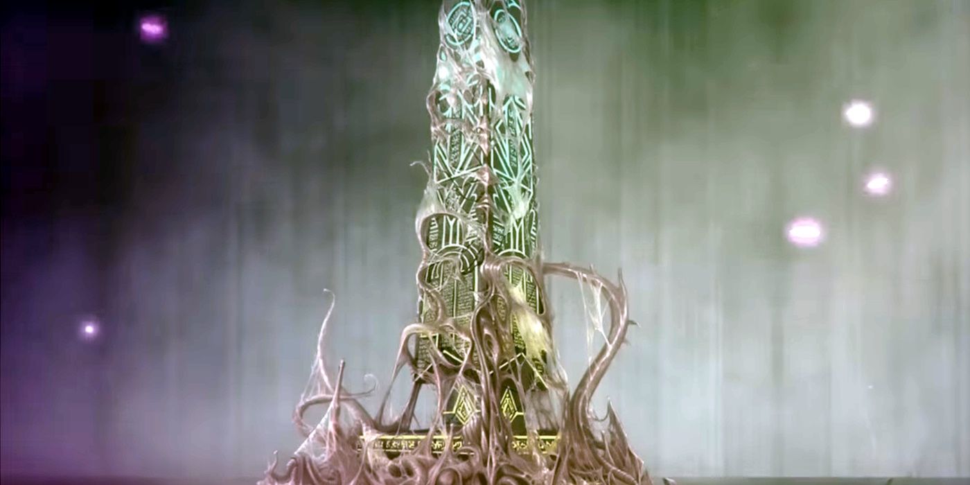 A large stone obelisk covered in runes and strange tendrils glows ominously.
