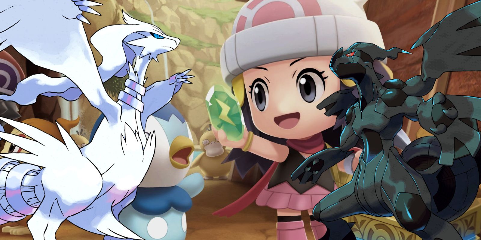 Pokémon Black and White's Legendaries Reshiram and Zekrom overlaid on either side of an artwork depicting Dawn and Piplup from BDSP in the Grand Underground.