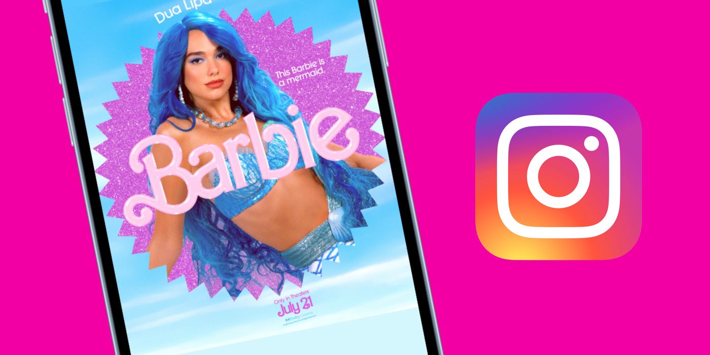 Dua Lipa Barbie poster on iPhone 14 next to Instagram logo