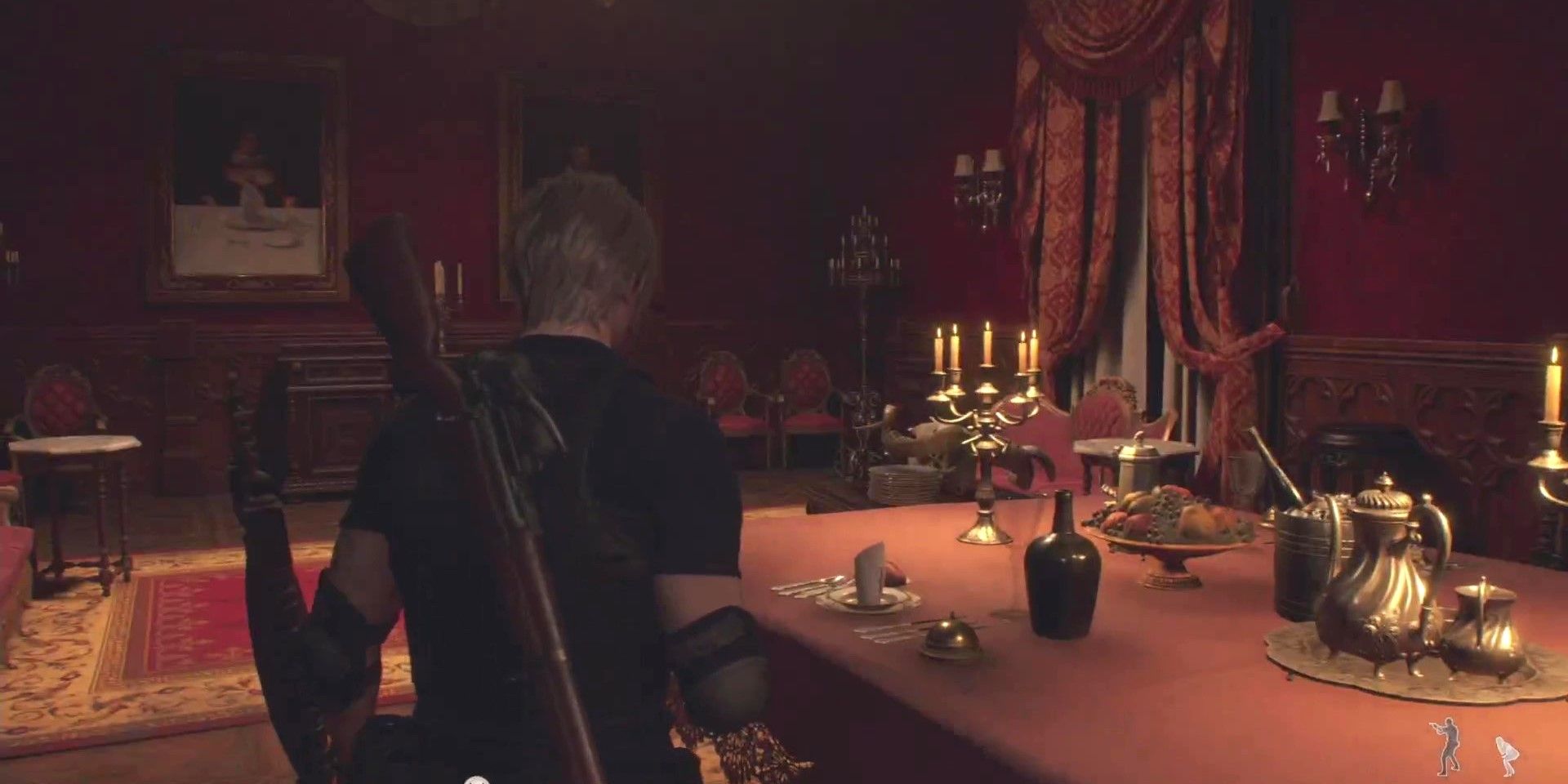 Leon in the dining hall of the castle in the Resident Evil 4 Remake