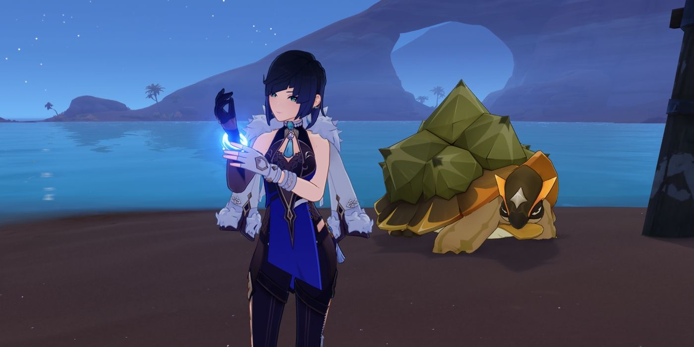 Genshin Impact's Yelan adjusts her bracelet as a Tent Turtoise looks at her. They are on a sandy beach with a cliff in the distance.