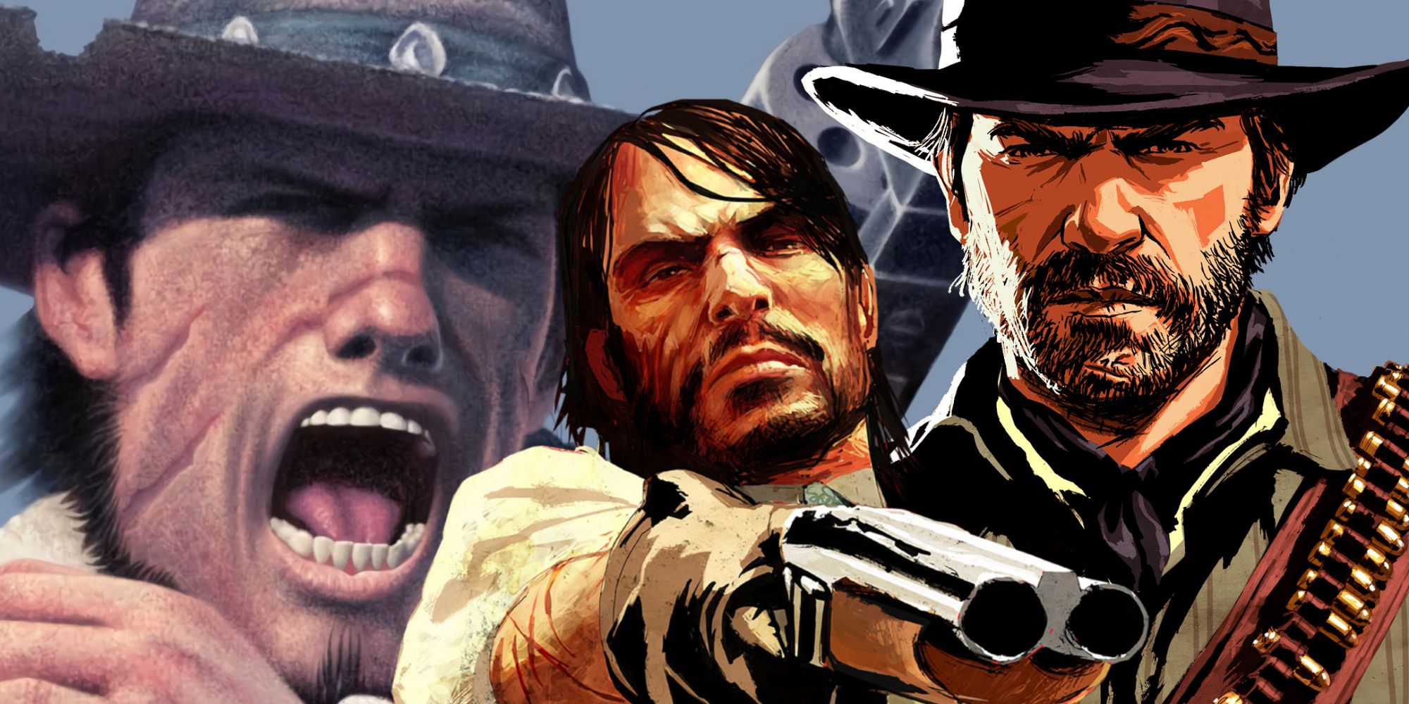 The three protagonists of the Red Dead series - Red Harlow from Revolver, yelling and firing a revolver; John Marston from Redemption, pointing a sawed off shotgun; and Arthur Morgan, staring straight ahead.