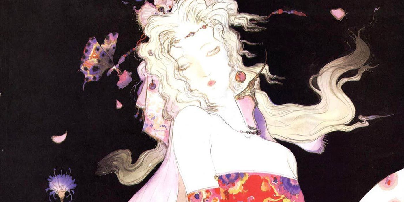Yoshitaka Amano's artwork of Final Fantasy 6's Tera, a character with blonde hair and a red, pink, and purple dress. There is a purple and pink butterfly near her, along with a purple flower. The background is black.