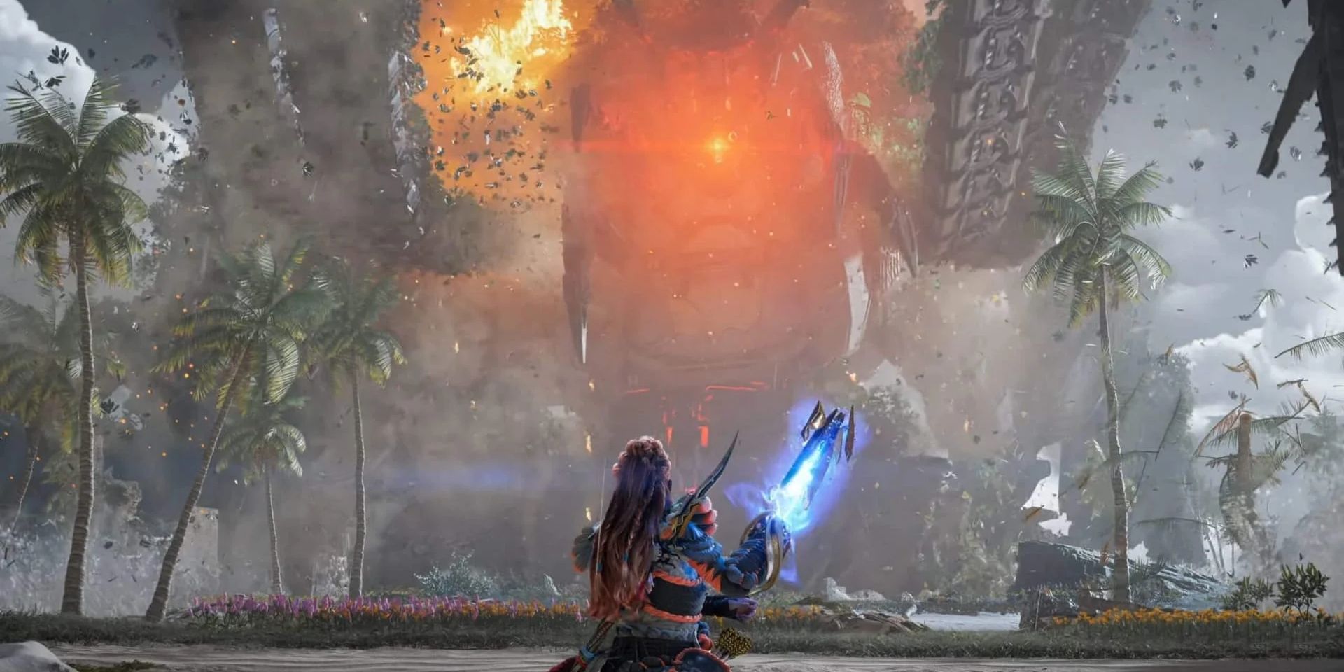 Aloy faces a giant machine in the Horizon Forbidden West Burning Shores DLC.