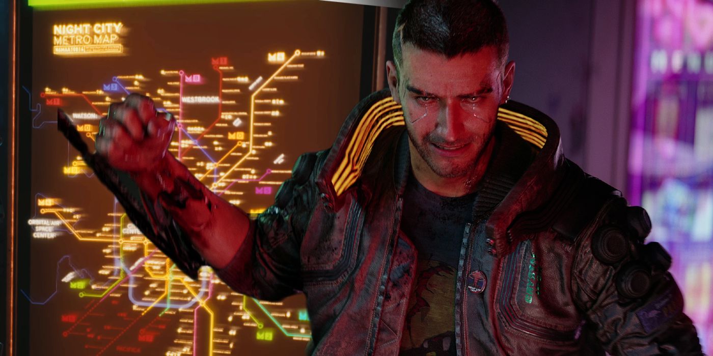 Cyberpunk 2077's male V holding up his mantis blades with an image of a Night City metro map in the background.