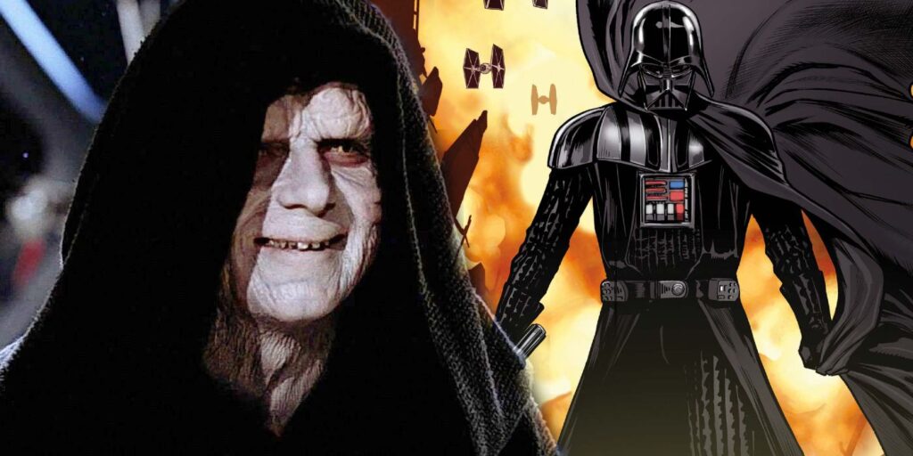 Emperor Palpatine grins at Darth Vader as his apprentice stands among fiery destruction