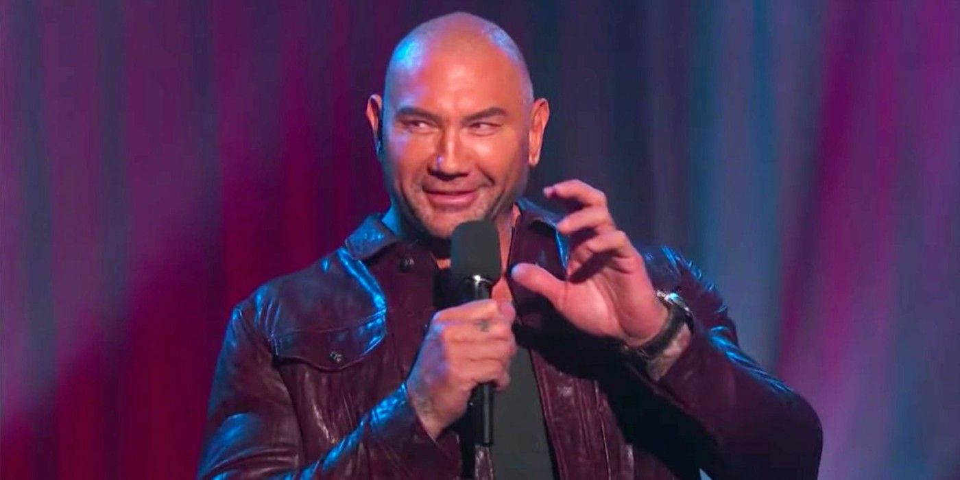 Dave Bautista doing stand-up comedy in a fake Netflix comedy special trailer