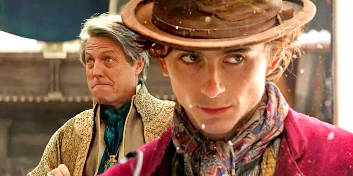 Timothee Chalamet as Wonka juxtaposted with Hugh Grant smirking.