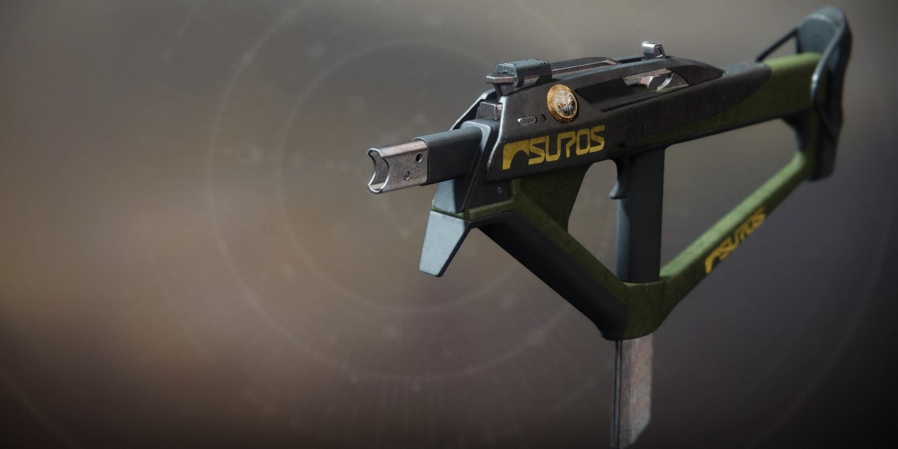 An in-game screenshot of Destiny 2's The Hero's Burden SMG. It has the Suros logo painted on its side.