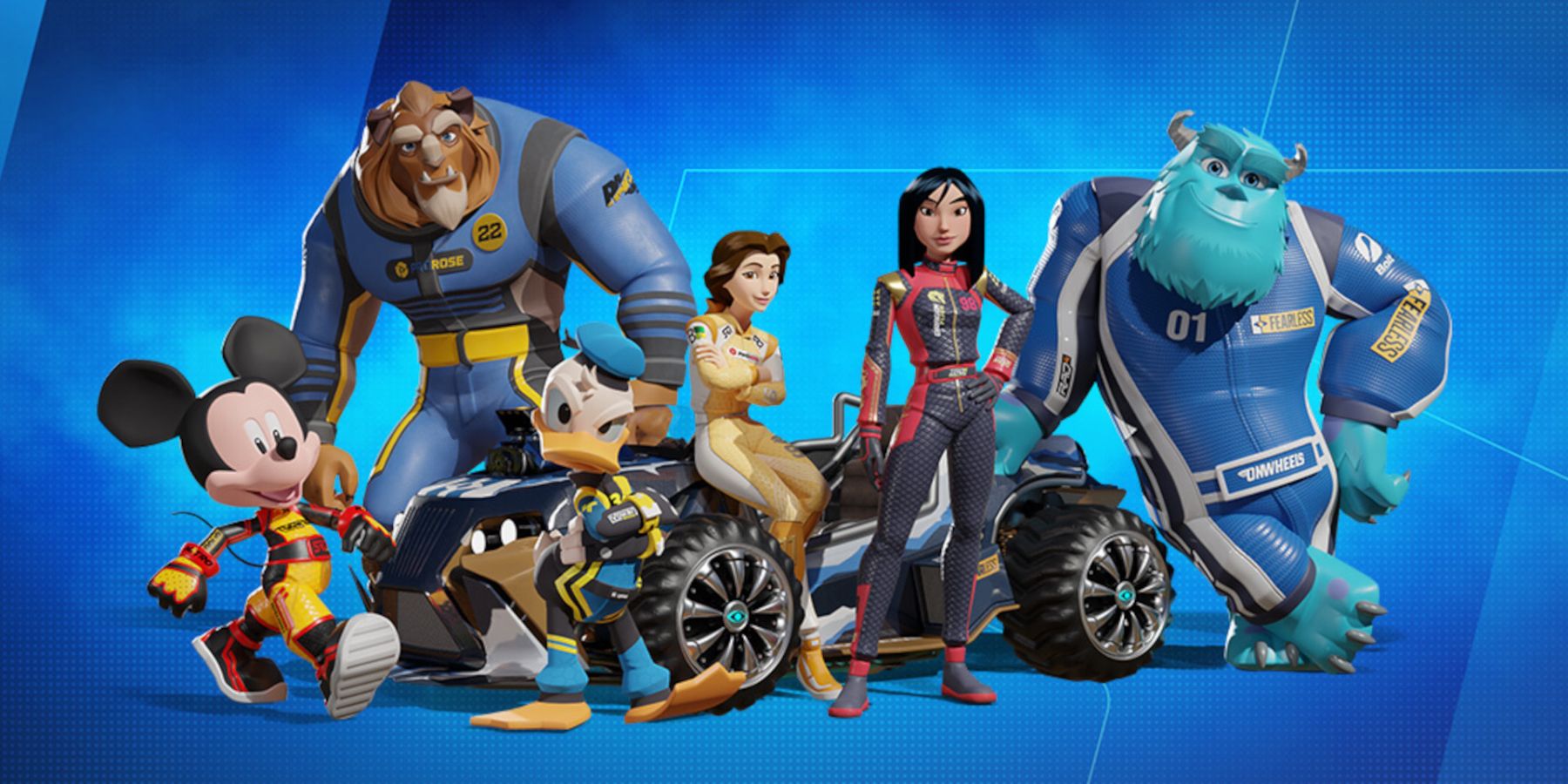 Five characters from Disney Speestorm - Mickey, Donald, Mulan, Sulley, Bell, and the Beast - posing around a race car.