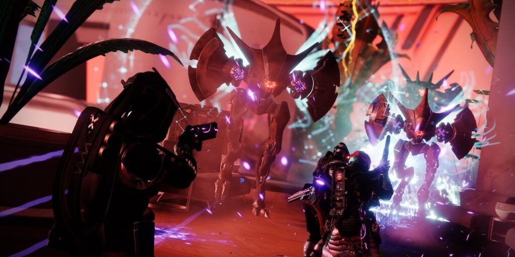 An in-game Destiny 2 screenshot showing a Fireteam of Guardians facing off against two Vex Wyverns in Neomuna.