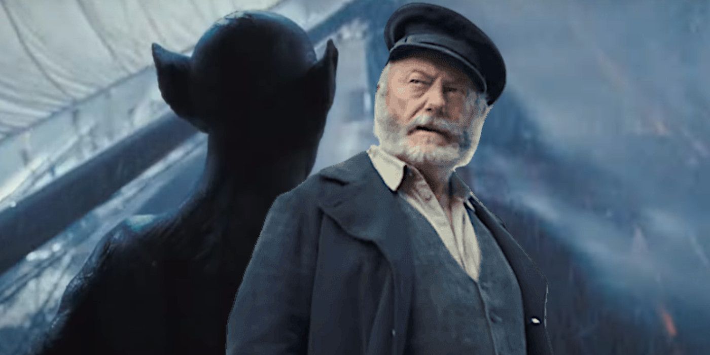 Liam Cunningham in The Last Voyage of the Demeter in a captain's uniform and thick beard, backdropped by a shadowy image of a monstrous Dracula with rat-like ears gazing down upon a ship at sea, waves crashing onto the deck