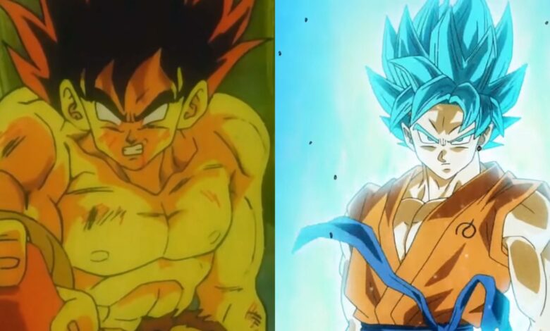 Split image of Goku in his False Super Saiyan Form in Dragon Ball Z and Goku in his Super Saiyan Blue form in Dragon Ball Super