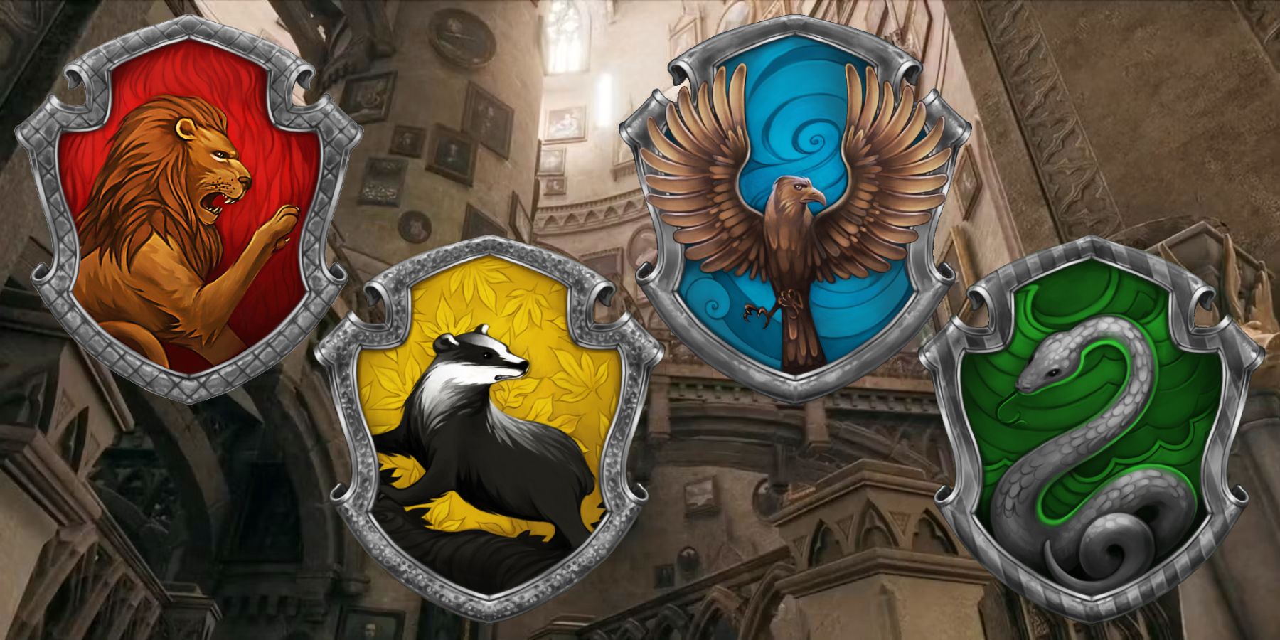 Hogwarts' four house crests arranged in front of a screenshot of the castle's Grand Staircase in Hogwarts Legacy.