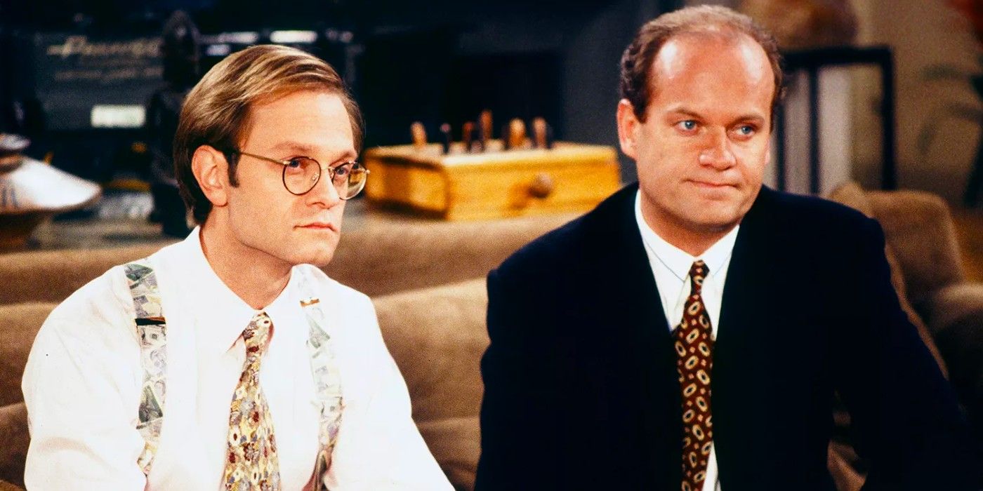 Frasier and Niles sitting on the couch making neutral face in Frasier