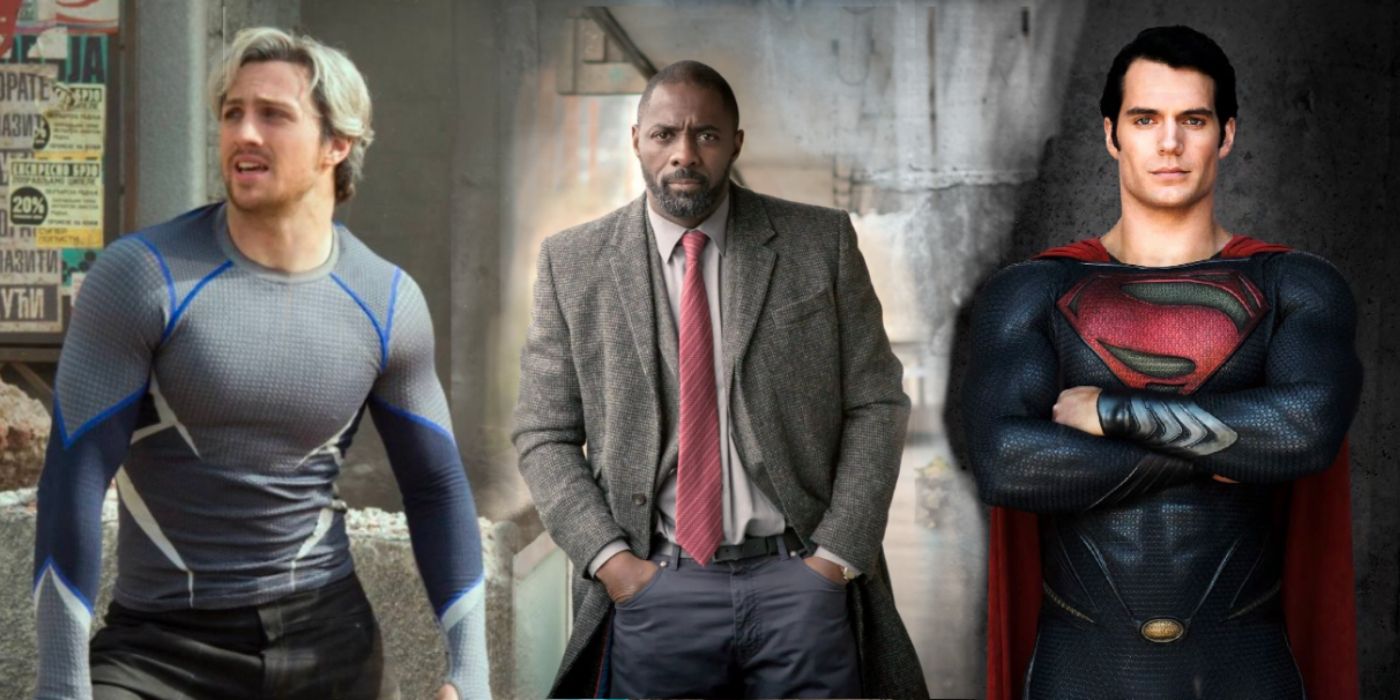 Blended image of Aaron Taylor-Johnson as Quicksilver in Avengers Age of Ultron, Idris Elba as Luther, and Henry Cavill as Superman folding his arms