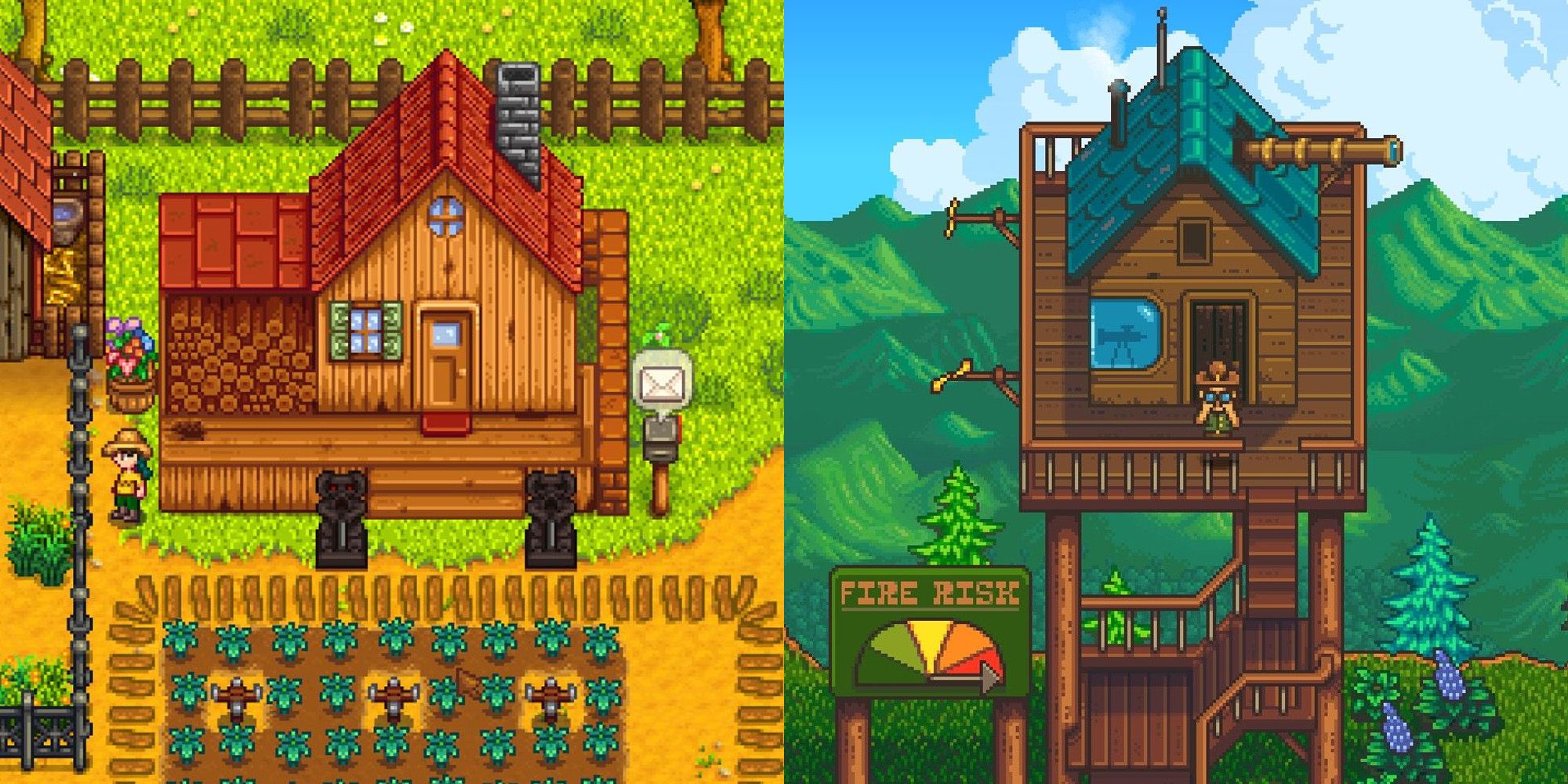 Side by Side images of a small house and farm from Stardew Valley and an observation tower from Haunted Chocolatier.