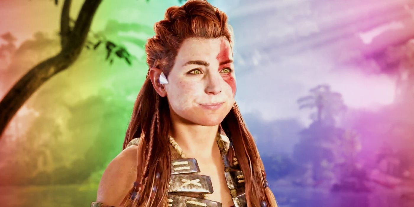 An image of Aloy smiling at Seyka with a rainbow effect transposed over the background.