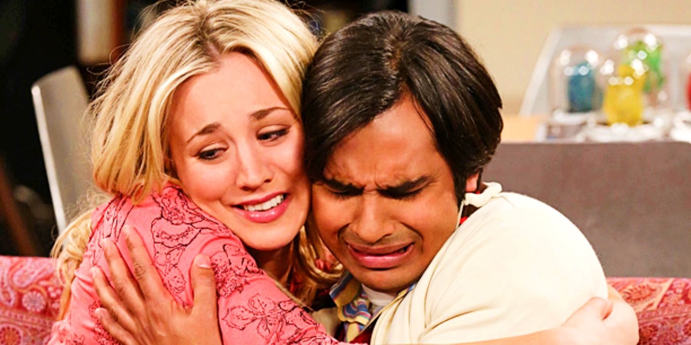 Penny and Raj hugging in The Big Bang Theory