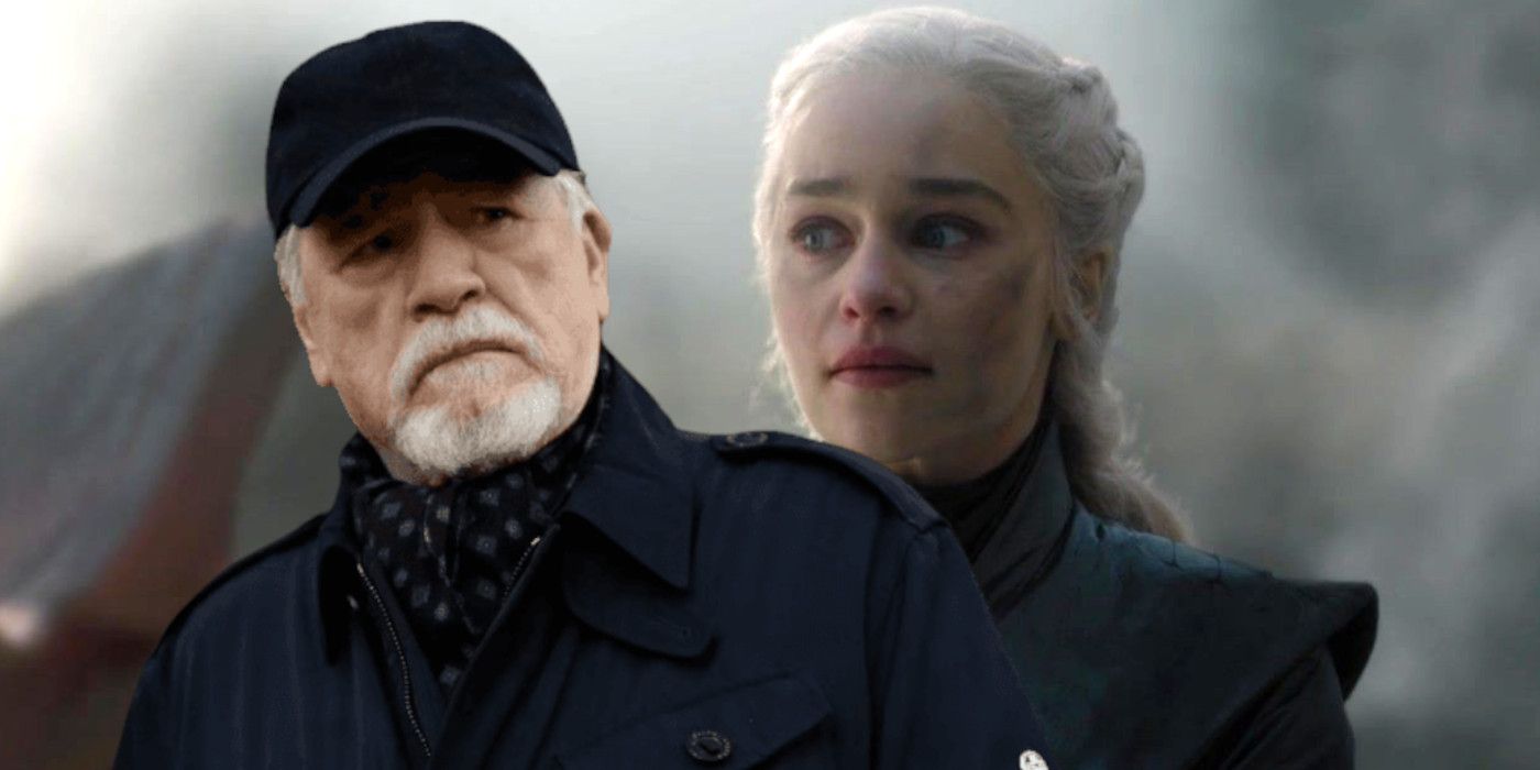 Brian Cox as Logan Roy in Succession, looking dubious. and Emilia Clarke in Game of Thrones looking emotional