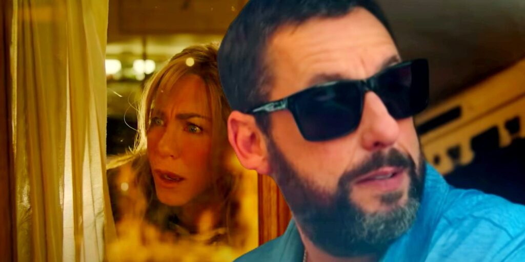 Custom image of Jennifer Aniston looking surprised and Adam Sandler wearing sunglasses in Murder Mystery 2.