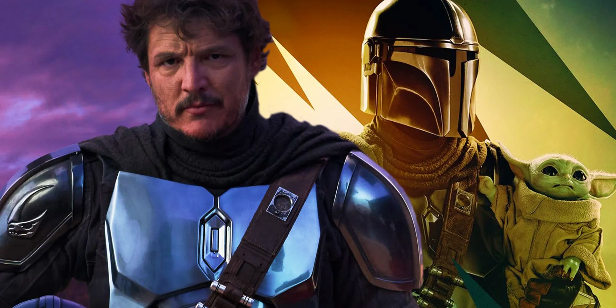 Pedro Pascal as Din Djarin unmasked next to Din's character poster for The Mandalorian season 3