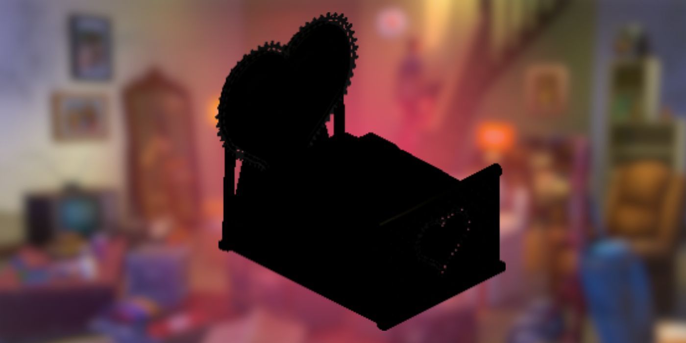 A silhouette of the Heart-shaped bed from the Sims 1, glowing pink against a blurred image of the Basement Treasures kit for the Sims 4.