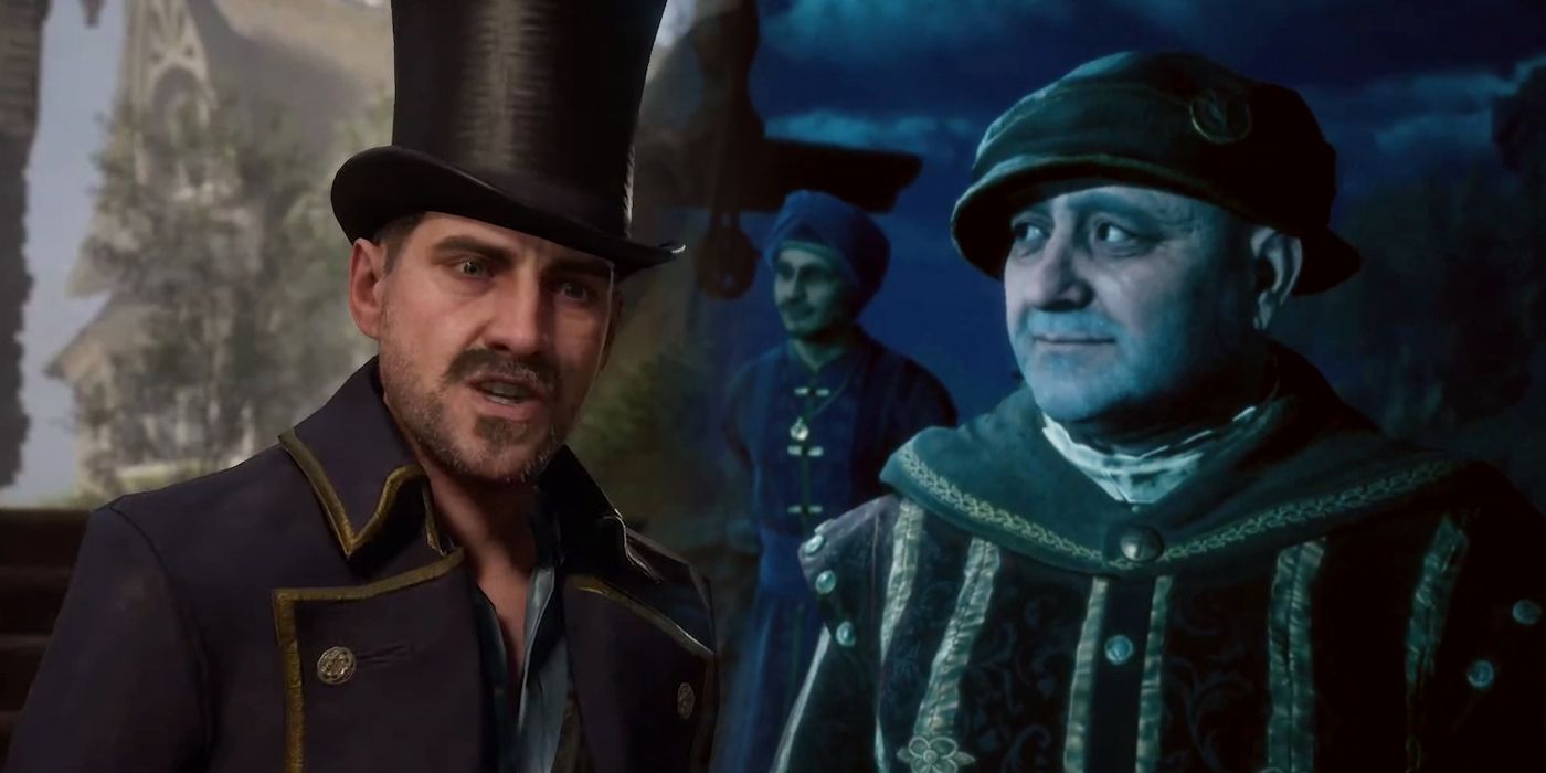 Victor Rookwood speaking on the left, and Charles Rookwood looking pensively to the side in Hogwarts Legacy.