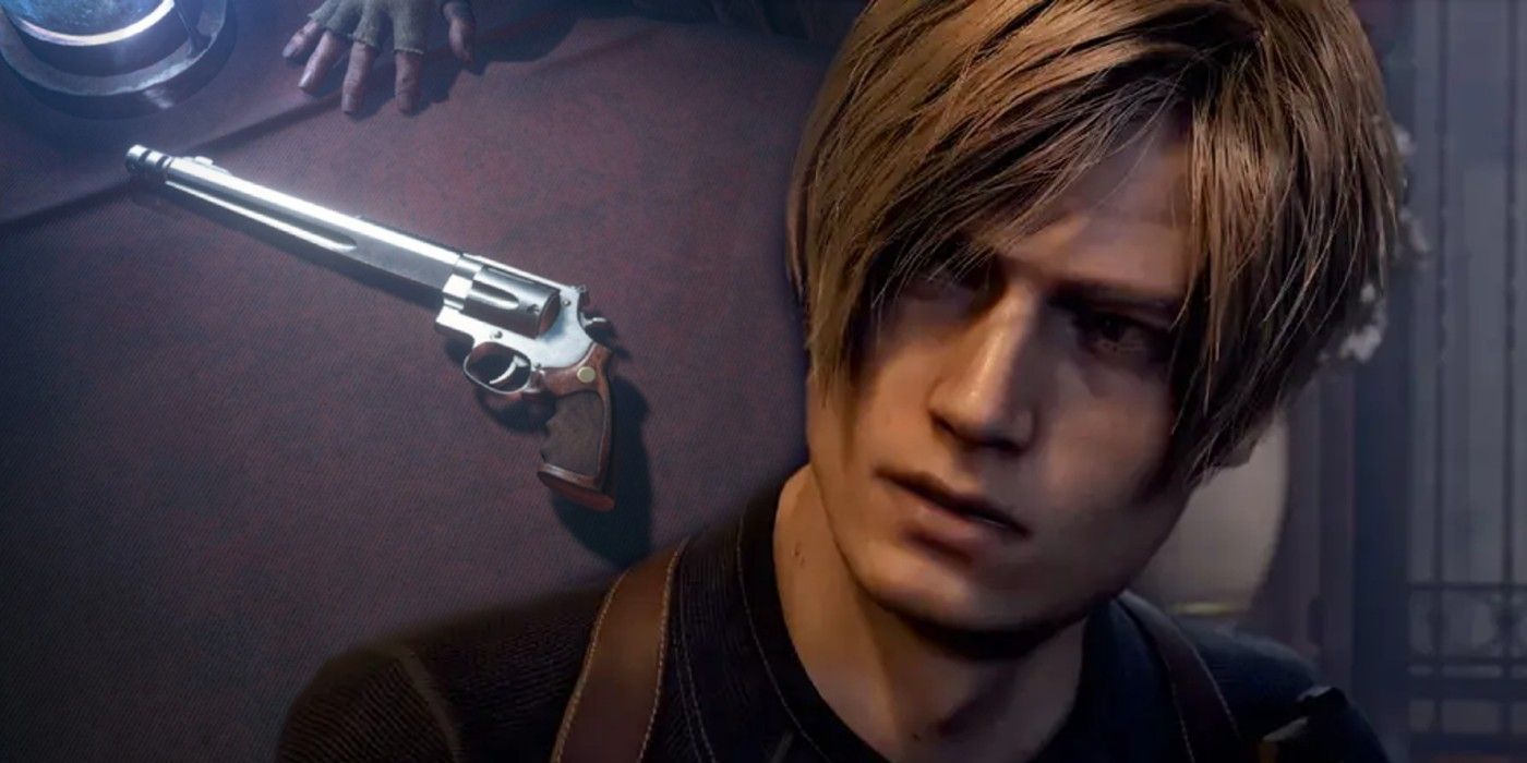 An image of Leon looking concerned transposed over an image of the handcannon laying on a table in the Resident Evil 4 Remake.