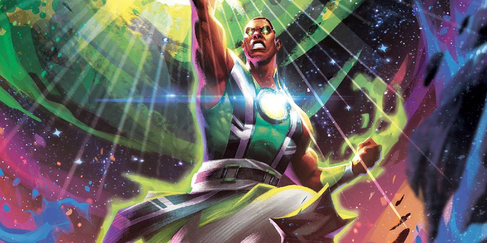 Green Lantern John Stewart Standing Triumphantly In Front of Space Background